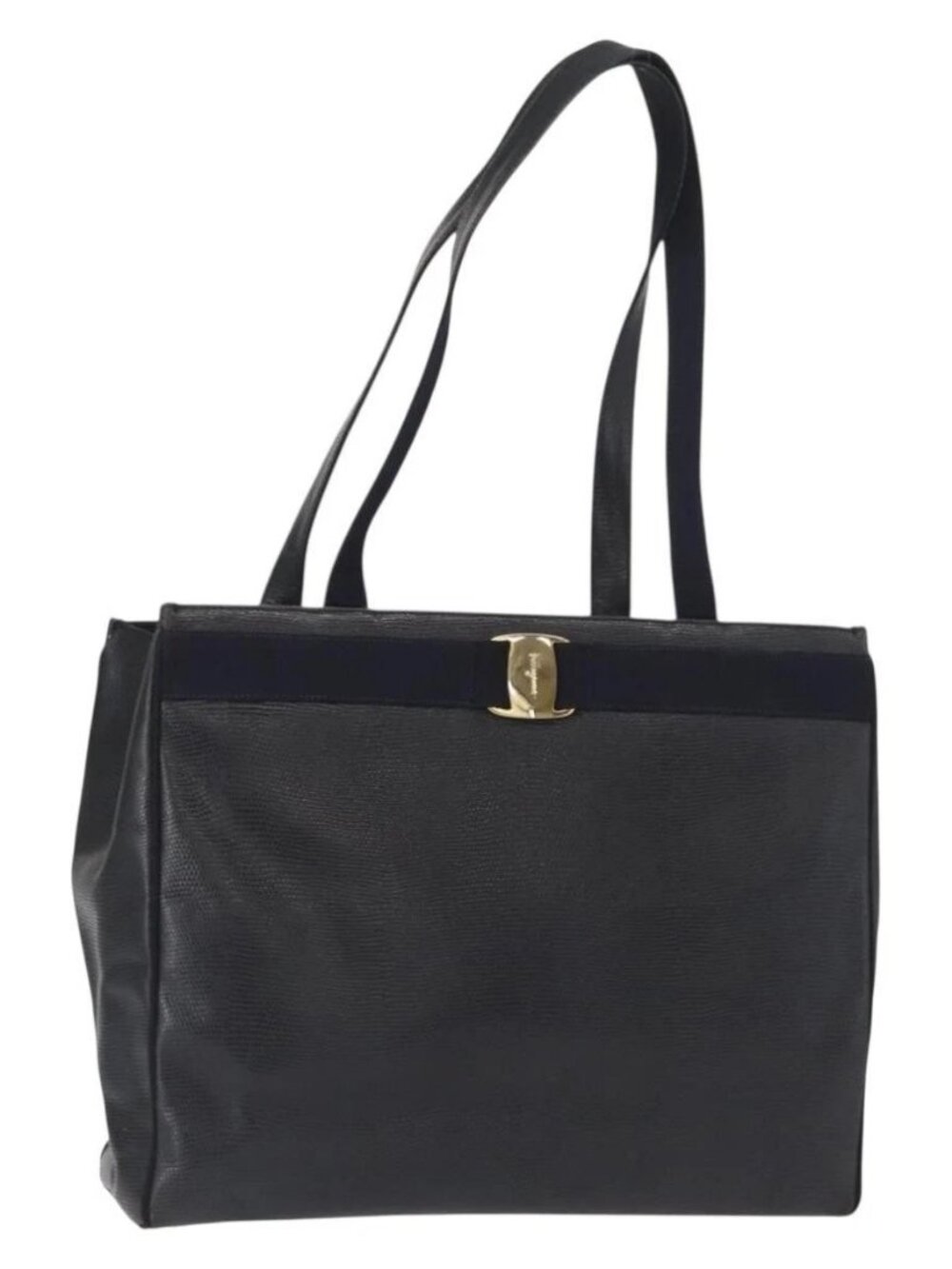 Salvatore Ferragamo Vala Tote Bag Leather Navy Gold Auth BA8751 - Picture 1 of 15